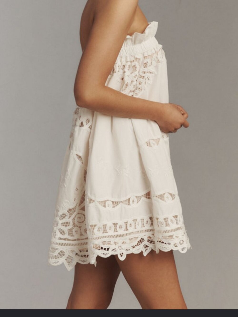 Anthropologie Cream Lace-Trim Mini Dress
